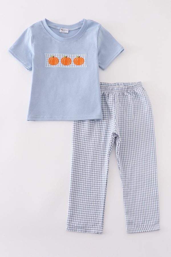 Blue gingham pumpkin embroidery boy set For Discount