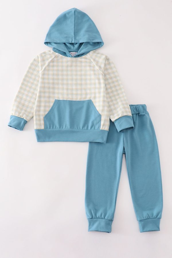 Teal plaid boy hoodie pants set For Discount