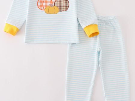 Blue stripe pumpkin applique boy set For Cheap