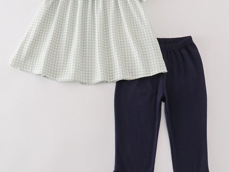 Sage turkey embroidery gingham girl set on Sale