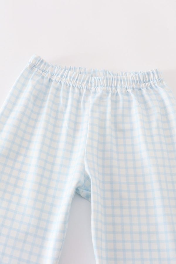 Blue gingham cow embroidery boy pajamas set Online Hot Sale