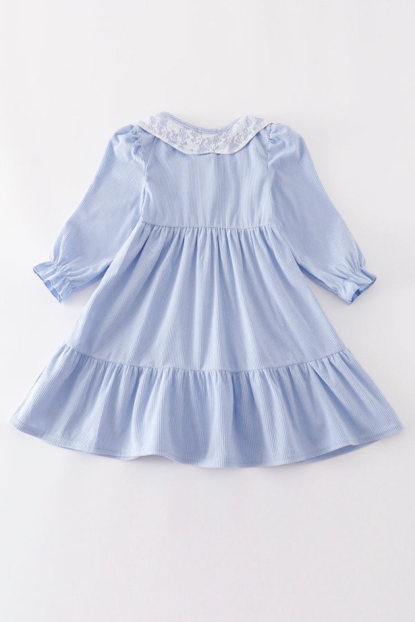 Blue corduroy lace ruffle girl dress Fashion