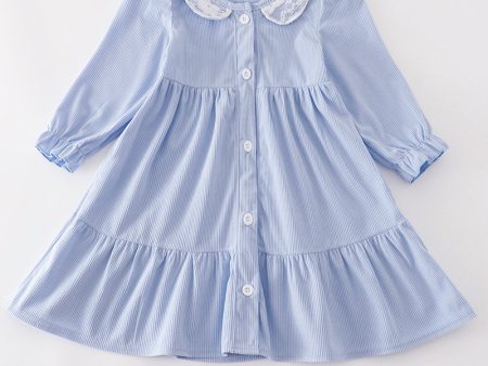 Blue corduroy lace ruffle girl dress Fashion