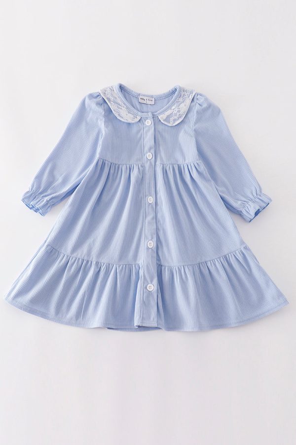 Blue corduroy lace ruffle girl dress Fashion