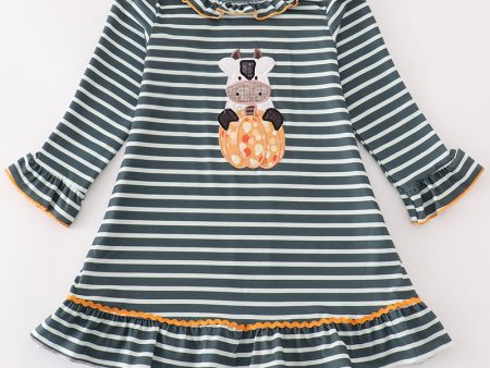 Green stripe cow pumpkin applique dress For Sale