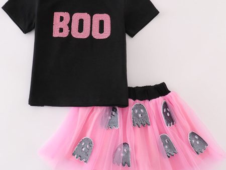 Black halloween boo sequin tutu skorts set Hot on Sale