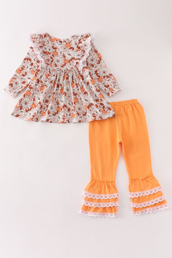 Pumpkin floral print lace ruffle set Supply