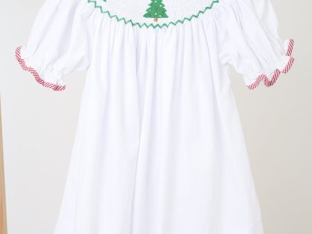 White christmas tree hand smocked dress For Cheap