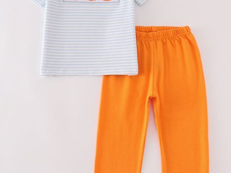 Blue stripe pumpkin french knot boy set Online Hot Sale