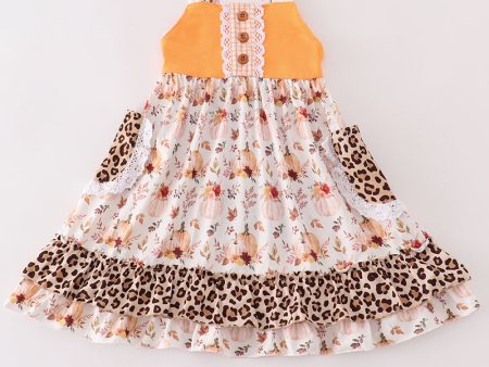 Orange pumpkin leopard ruffle dress For Cheap