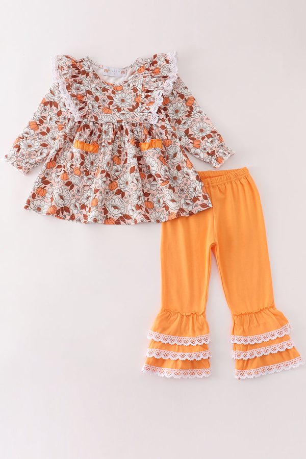 Pumpkin floral print lace ruffle set Supply